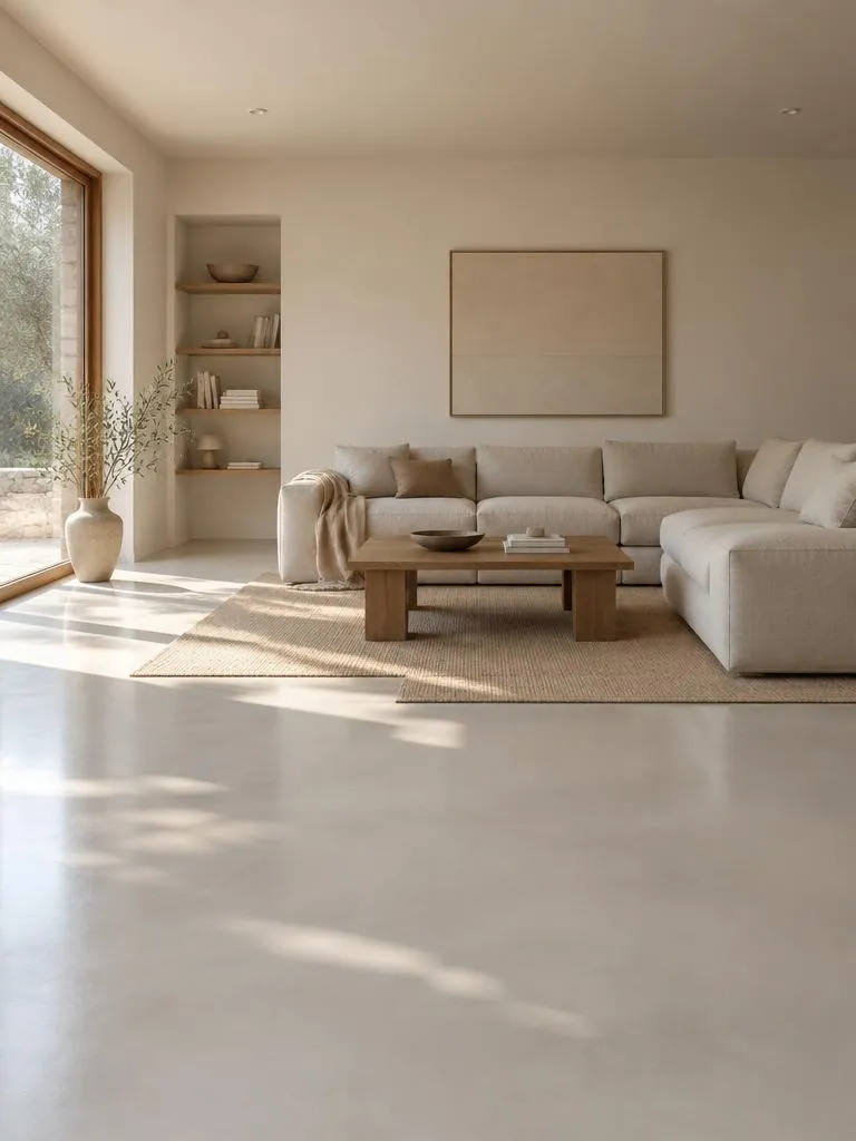 Bezespárá litá podlaha v obývacím pokoji